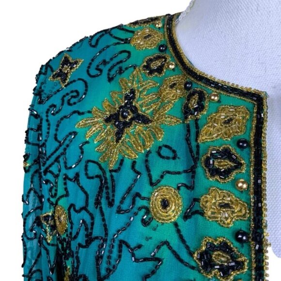 Vintage Silk Adrianna Papell Evening Dinner Jacket Beaded Turquoise Teal SM - Picture 5 of 16